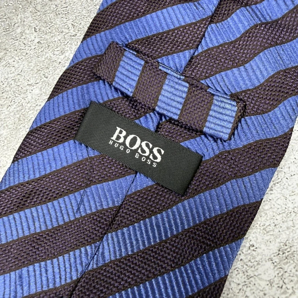 HUGO BOSS Silk Tie‎ Mens One Size Blue Striped Jacquard Made In Italy Necktie